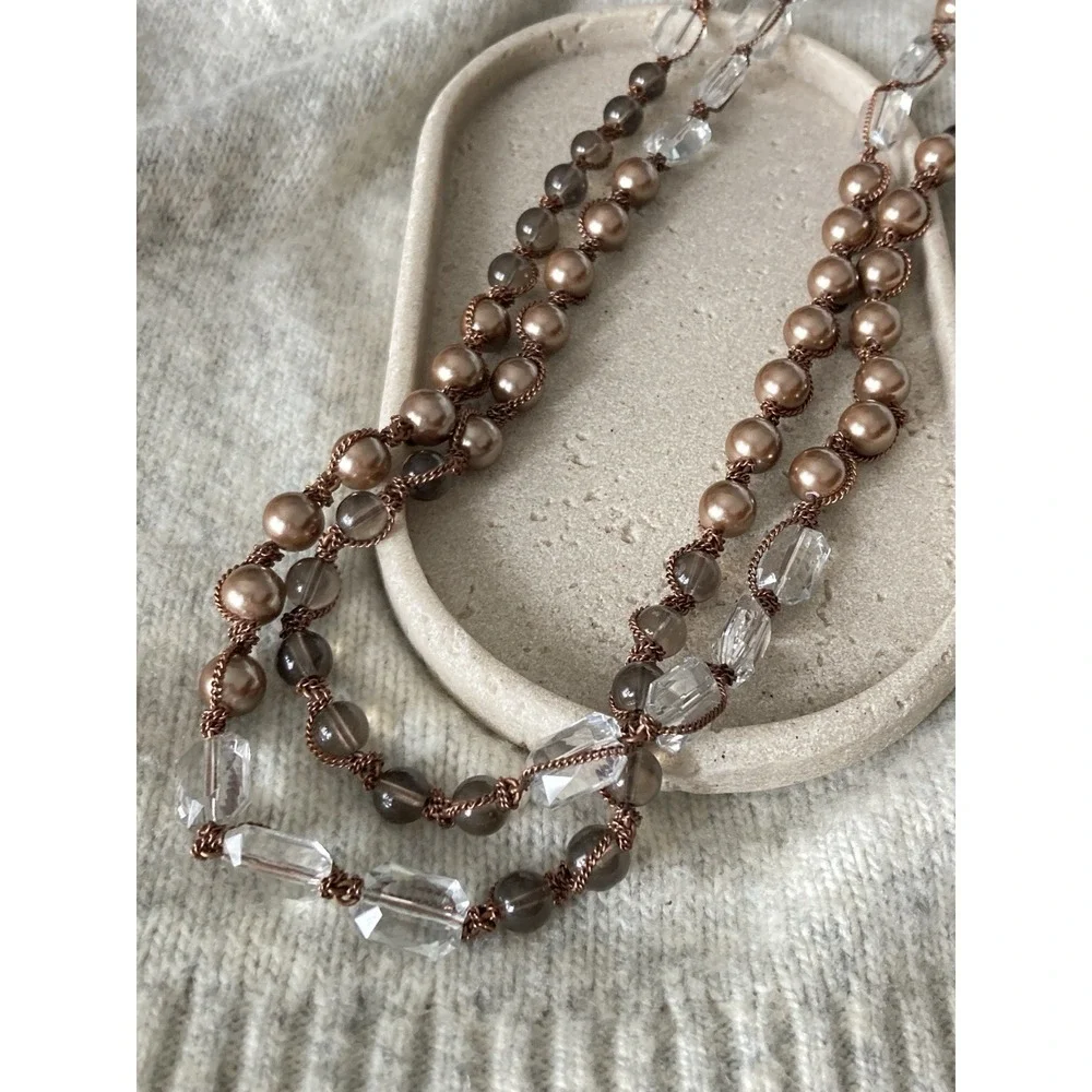 Copper Tone Multi Strand Beaded Necklace Faux Pearl Clear Gray Beads Romantic